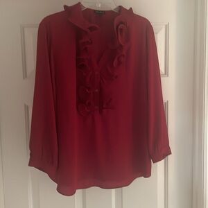 Sami & Jo Ruffled band V neck collar maroon Henley elegant Red Ruffle Blouse XL